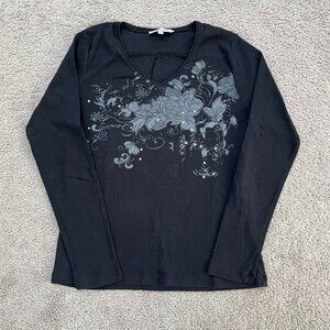 Black long sleeve top with grey rhinestone flower